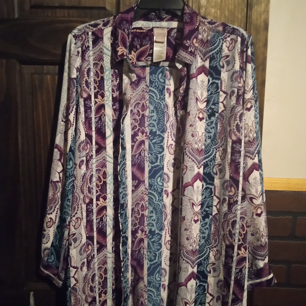 Chico's Striped Paisley Tunic in Purple, Blue & White